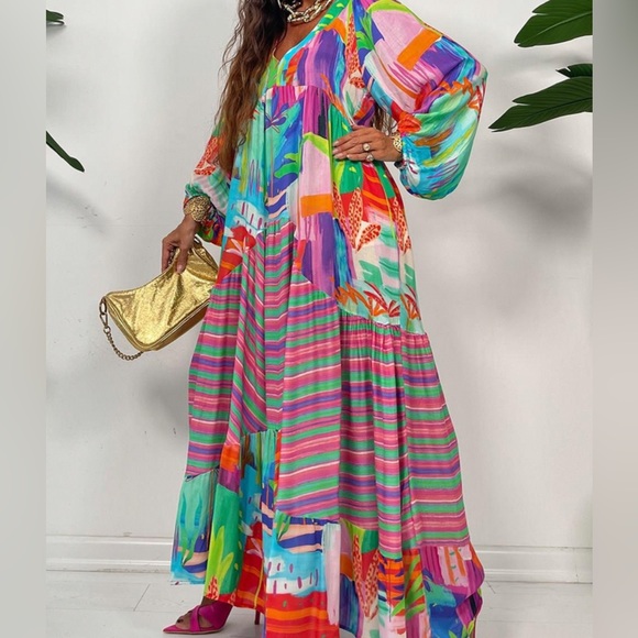 Flowy Long Sleeve Boho Colorful Maxi Dress 2XL Vacation Cruise Poolside - Picture 2 of 6